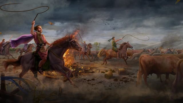 Сатана искушает Иова впервые (его скот украден, а дети погибли)