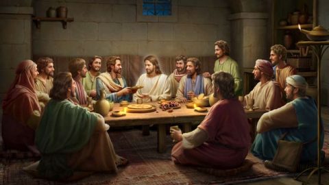Воскресший Иисус ест хлеб и объясняет Писание